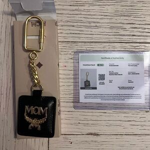 MCM Black Leather Keychain with Gold Logo and Hardware